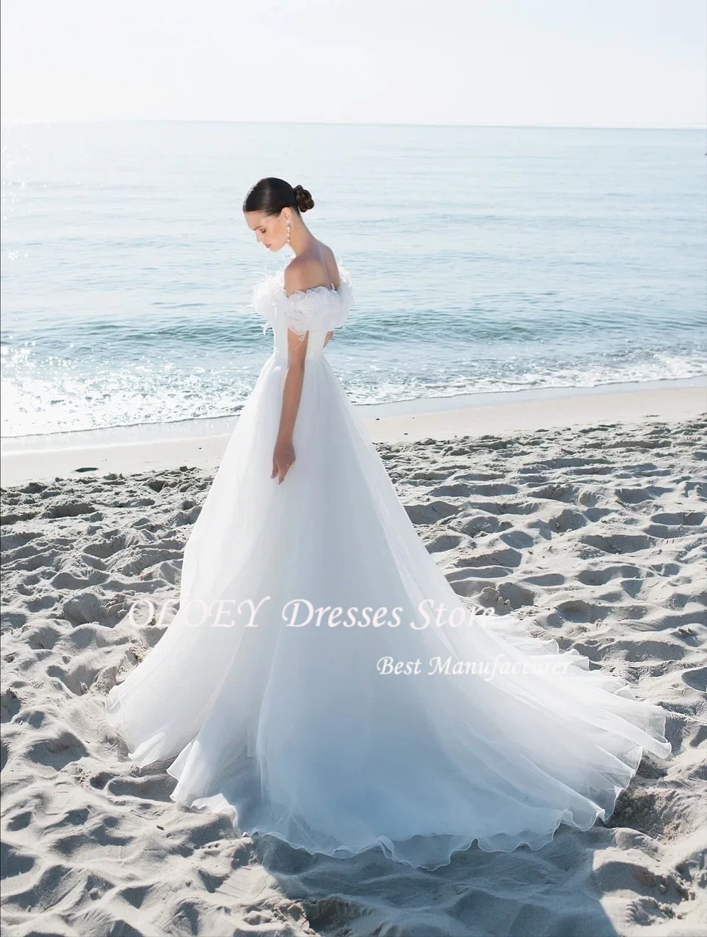 OLOEY 맞춤형 고급 화이트 오간자 웨딩 드레스 고품질 보트넥 오프숄더 짧은 소매 신부 드레스