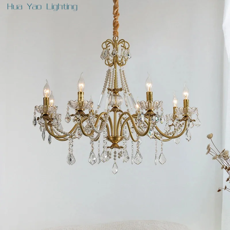 6-light French crystal chandelier living room dining room bedroom pearl chandelier American 8/10 light copper candle chandelier