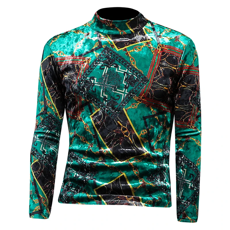 Turtleneck Velvet Print T Shirt For Men Long Sleeved Casual Slim Winter Thick Quality Smooth Comfortable 4XL Easy Care Camisetas