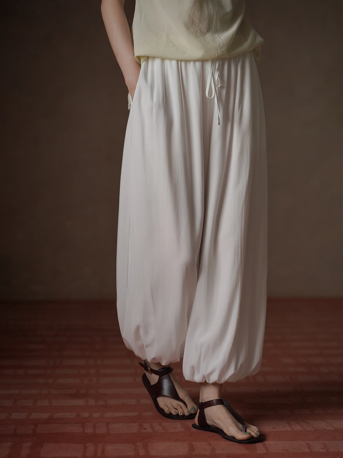 Hacikis Miss Balloon Pants Lightweight Draped Loose Elastic High Waist Cuffed Slimming Casual Long Trousers for Women