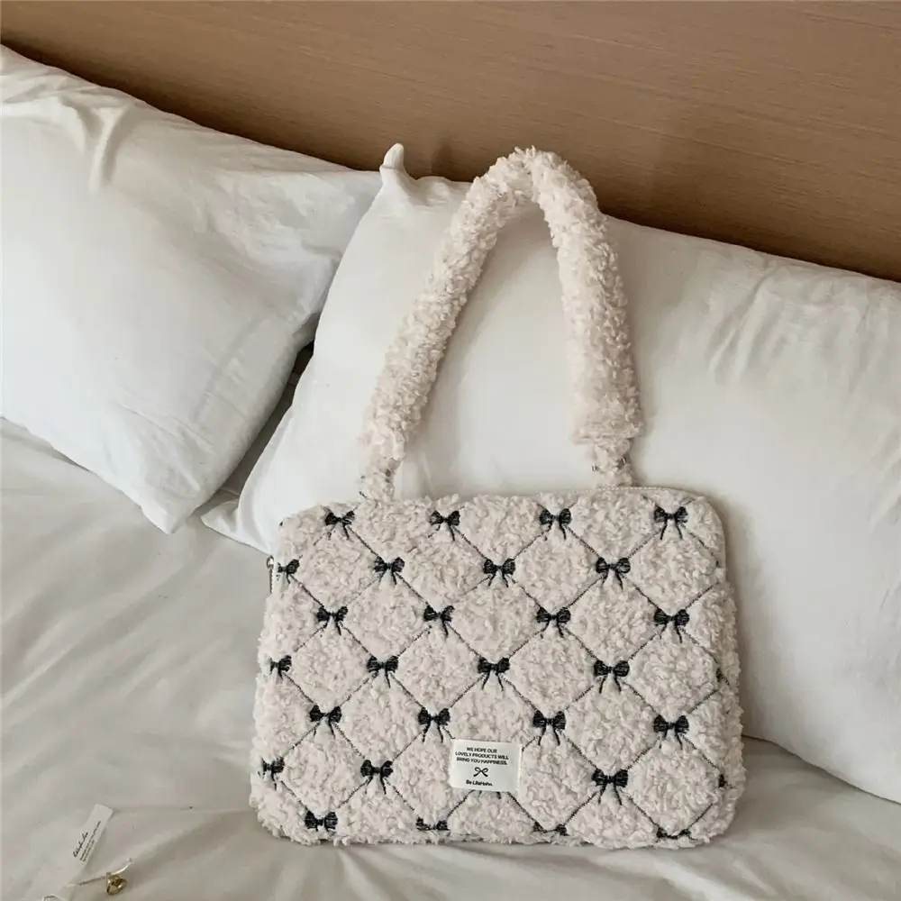 

Корейская сумка для ноутбука из овечьей шерсти с бантом, плюшевая портативная сумка для планшета, сумка-тоут для ноутбука Lenovo Dell, ежедневная поездка на работу