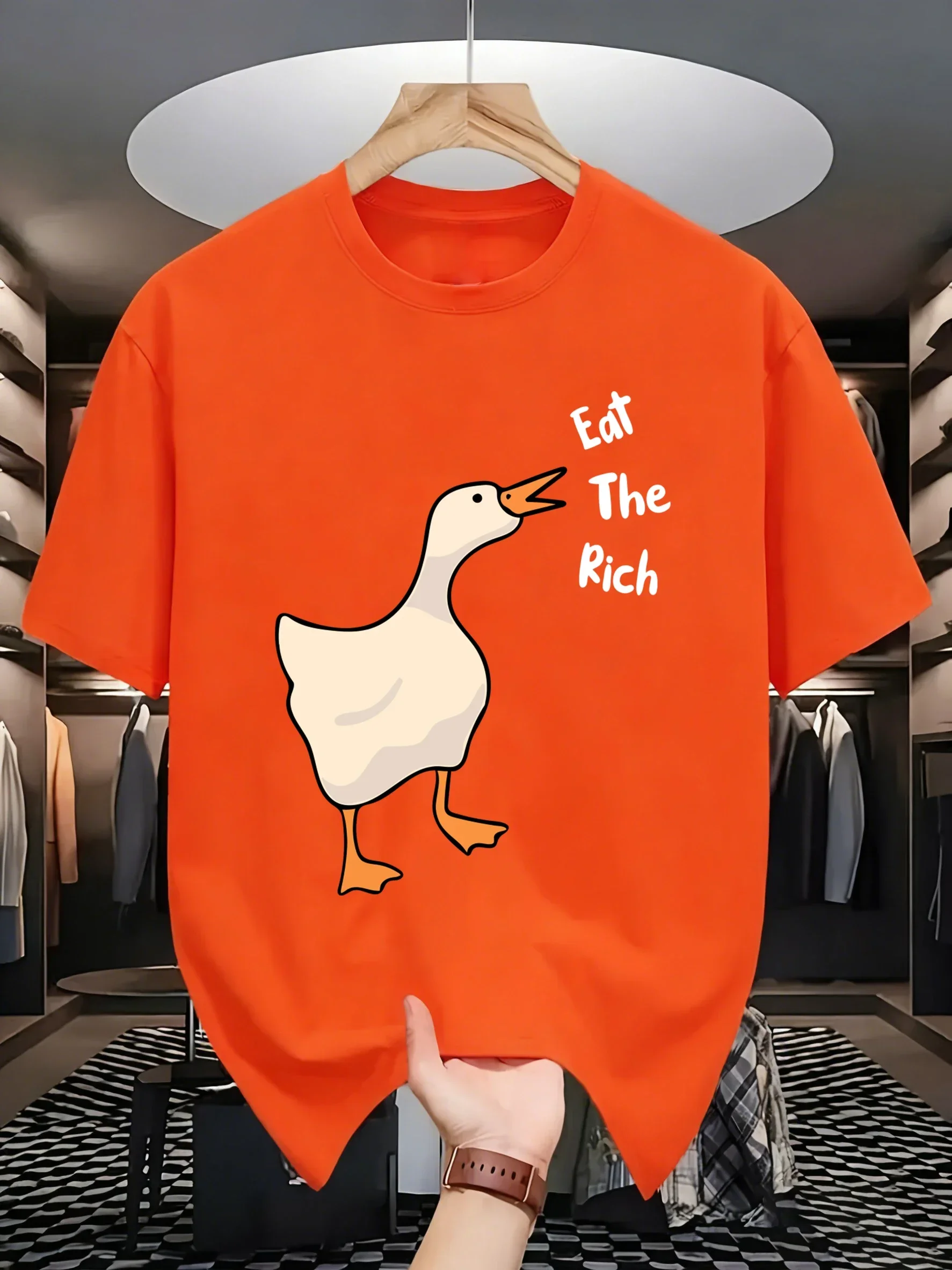 Eat The Rich Goose Design Sport Youthful Cotton Short Sleeve Man Summer All-Match Shirts O-Neck Casual Tops Street Loose Tee