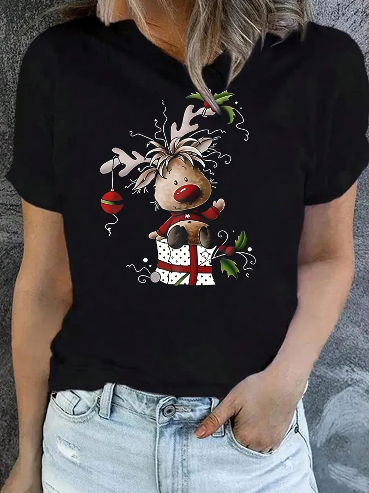 

Женская рождественская футболка с принтом оленей, повседневная футболка с круглым вырезом и короткими рукавами, милая футболка черного цвета, подходящая всесезонная футболка, топы