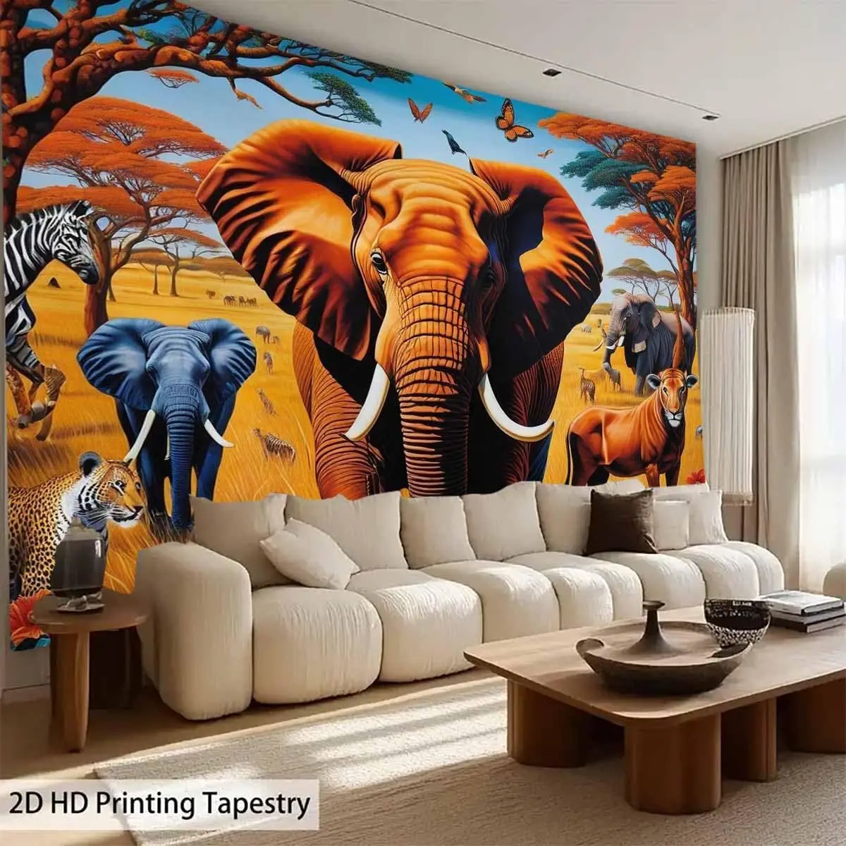 Animal Theme Tapestry Safari Art, Africa Elephant Animal Savanna Wall Hanging Wonderland Pristine Jungle Wall Art for Bedroom