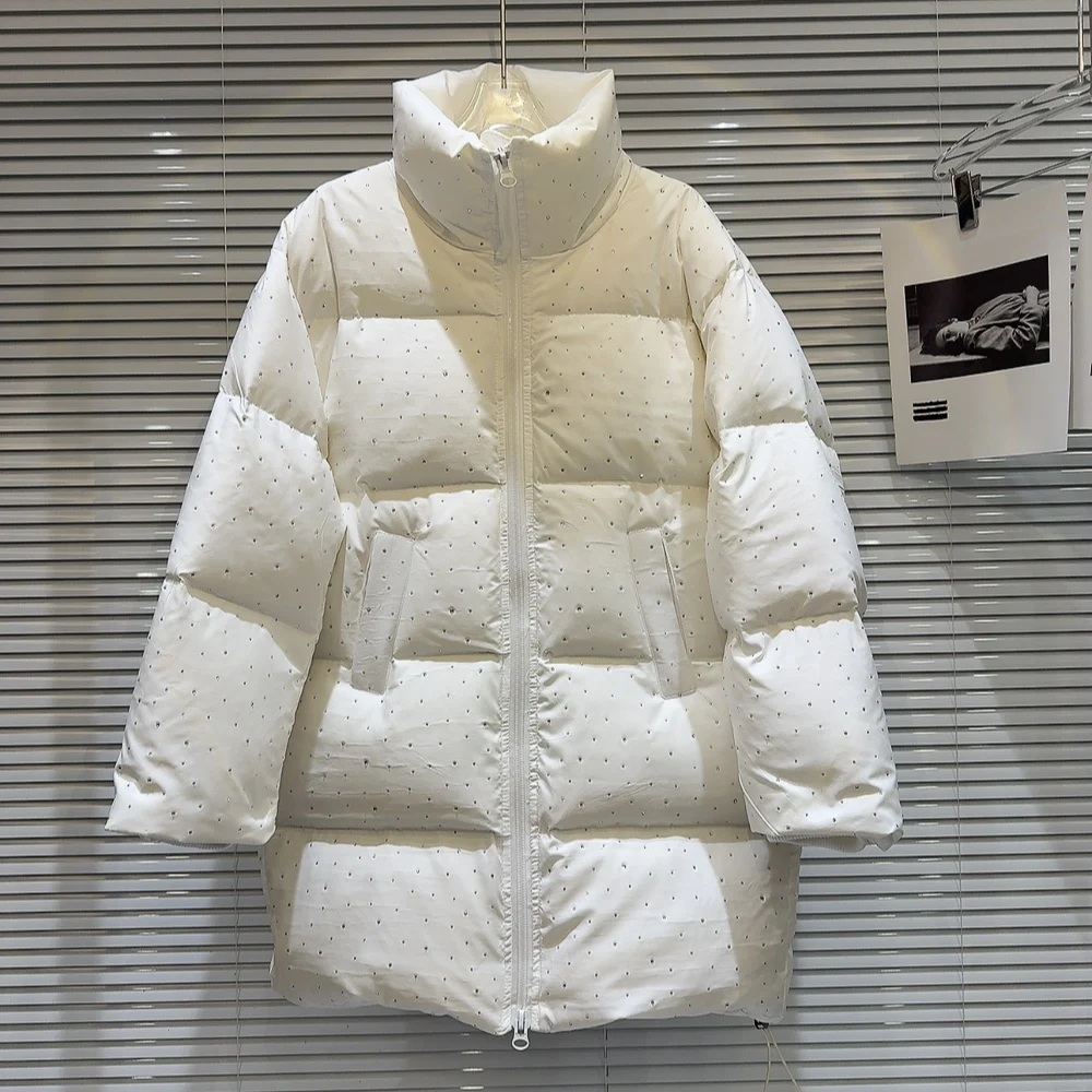 Hiver col montant chaud mi-long coton doudoune femmes blanc canard vers le bas fermeture éclair doudoune femme cordon Parker vêtements d'extérieur