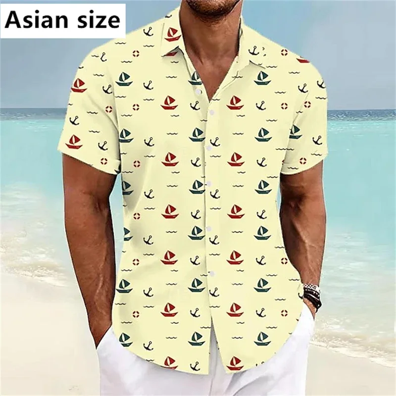3D Print Boat Anchor Pattern Short Sleeve Shirts For Men Clothing Summer New Mens Beach Shirts Hawaiian Vacation Button Blouse