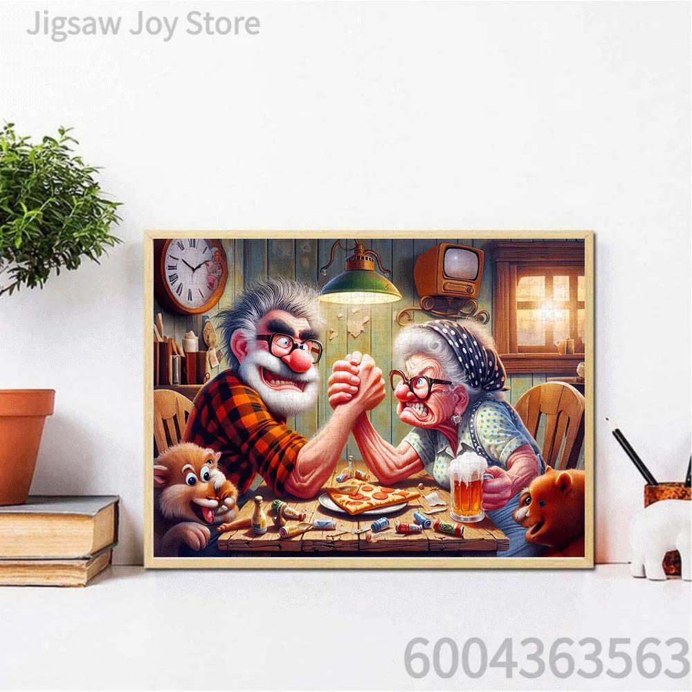 Funny Elderly Art Jigsaw Puzzle, Backyard BBQ Gramps & Gran, Couple Arm Wrestle, Cool Rock Grannies, Porch Seniors, 500-2000Pcs