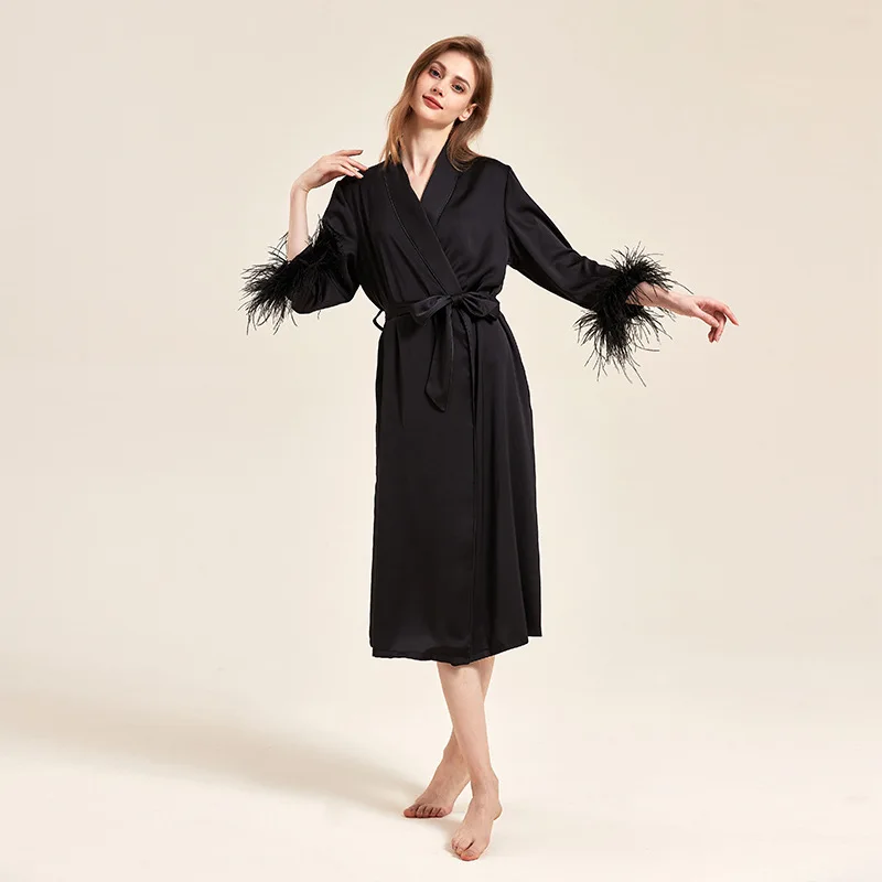 Luxury Ostrich Feather Bride Wedding Robe Kimono Bathrobe Dressing Gown Sexy Nightgown Sleepwear Silky Satin Home Wear Negligee