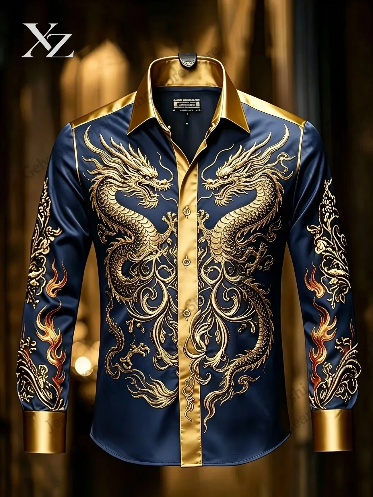 Long Sleeve Button Up Luxury Golden Shirt Chinese New Year Dragon 3d Print Hawaiian Shirt Men Women Fashion Eagle Design Blouse