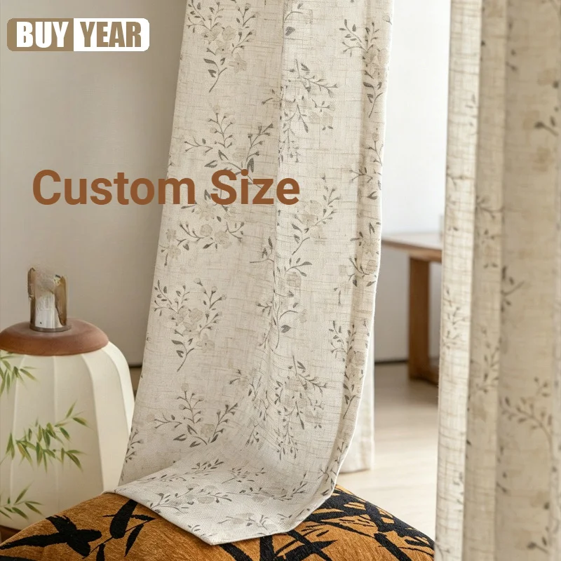 Japanese Style Linen Small Floral Pastoral Style Cotton and Linen Sheer Custom Size Curtains for Living Dining Room Bedroom