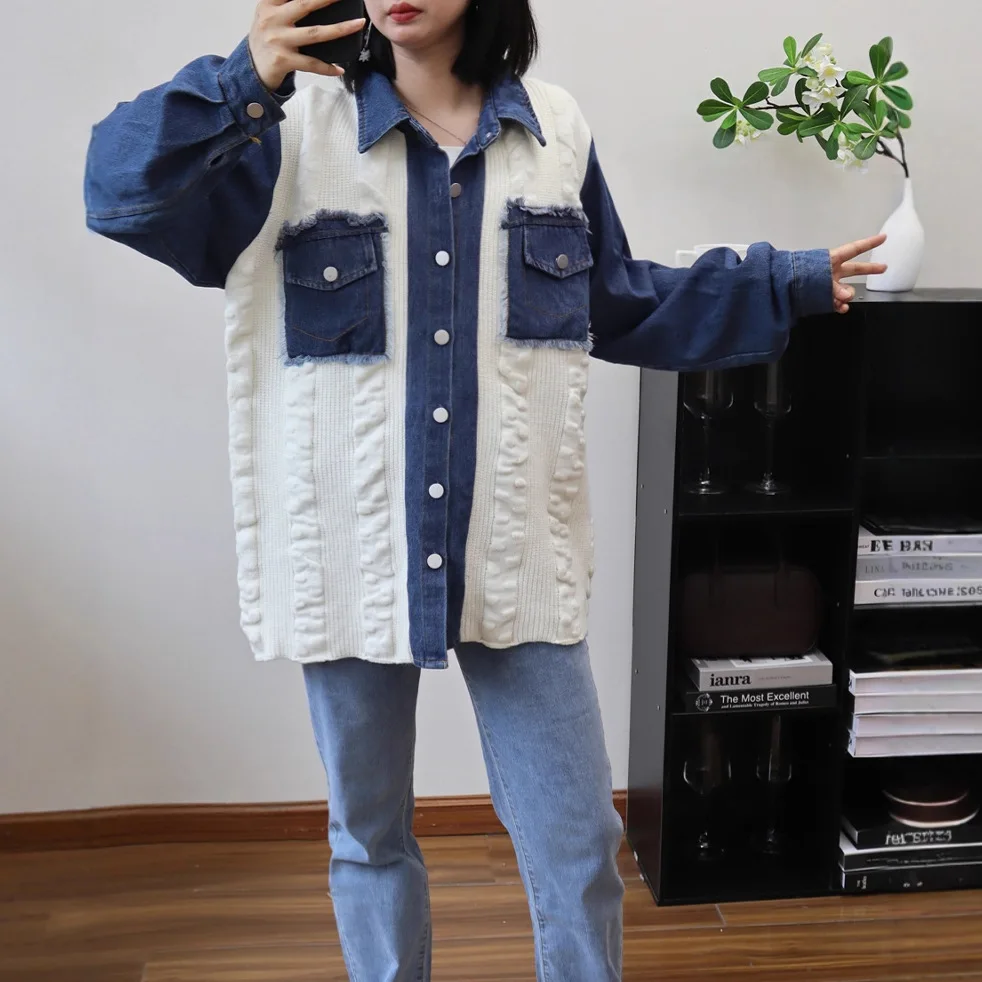 Women Knitted Cardigan Casual Jumpers Denim Patchwork Turn Down Collar Long Sleeves Loose Slight Strech Single Breasted  Autumn