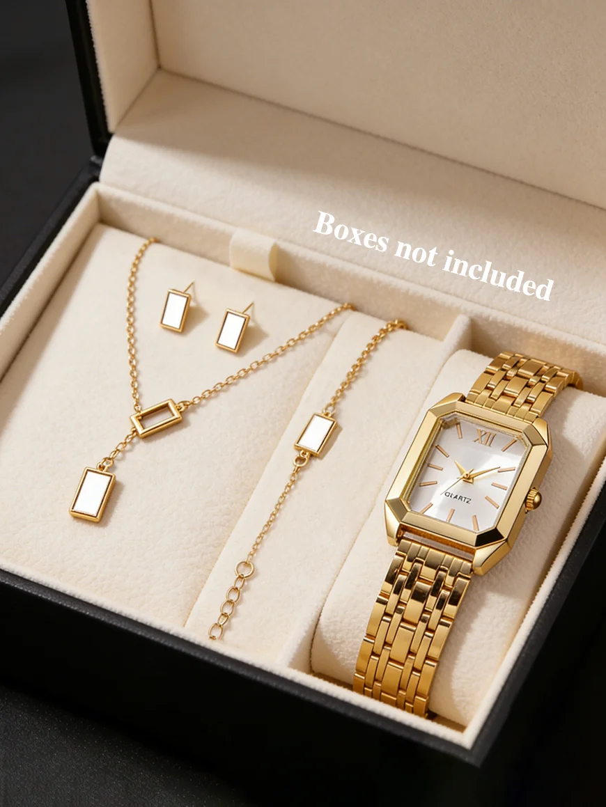 Elegante reloj de cuarzo para mujer y conjunto de joyas cuadradas para uso diario, regalo de cumpleaños ideal, accesorio de moda y estilo.