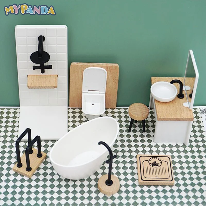 

1Set 1:12 Dollhouse Miniature Bathroom Shower Room Toilet Bathtub Sink Commode Furniture Decor Toy Doll House Accessories