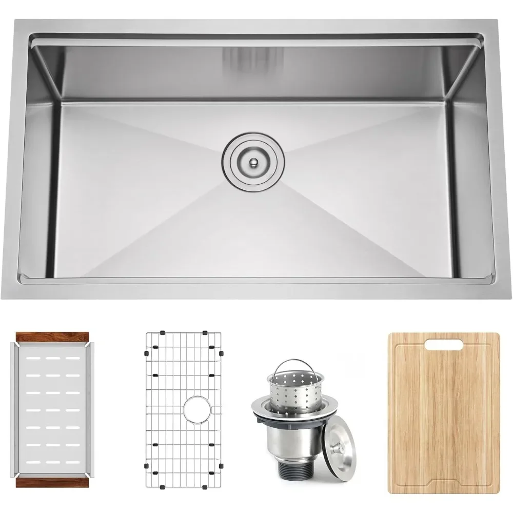 

32 Inch Stainless Steel Workstation Kitchen Sink 16 Gauge Undermount Deep Single Bowl Rectangular Sinks with Integrated Ledge