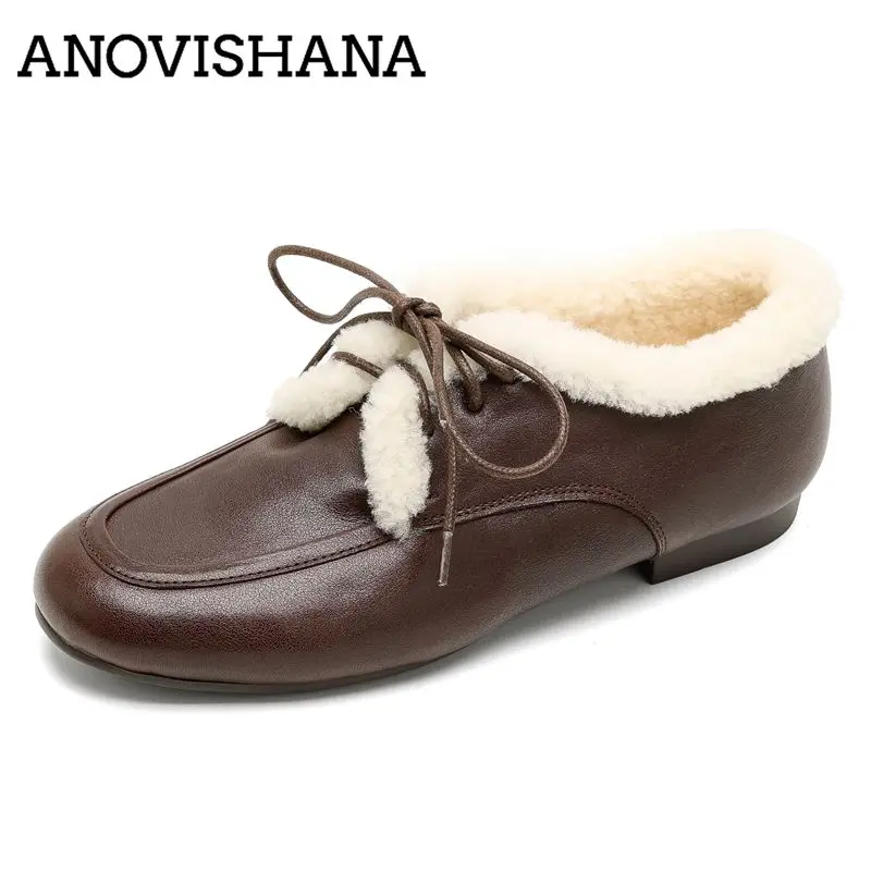 ANOVISHANA Brown Full Grain Leather Women Flats Round Toe Warm Wool Daily Lace Up Winter Leisure Handmade Shoes Big Size 41 42