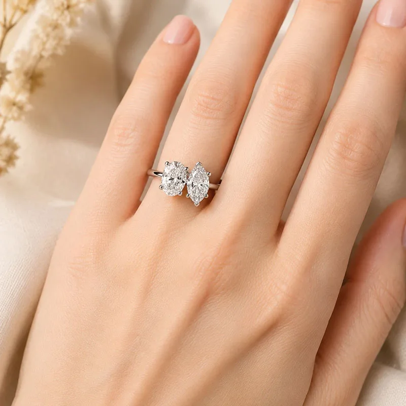 IGI Toi et Moi Ring, 2 Karat, ovaler und markisförmiger, im Labor gezüchteter Diamant, EF VS–VVS, Pt950, zweiteiliger Verlobungsring, edler Schmuck für Damen, Geschenk. – Detail 8