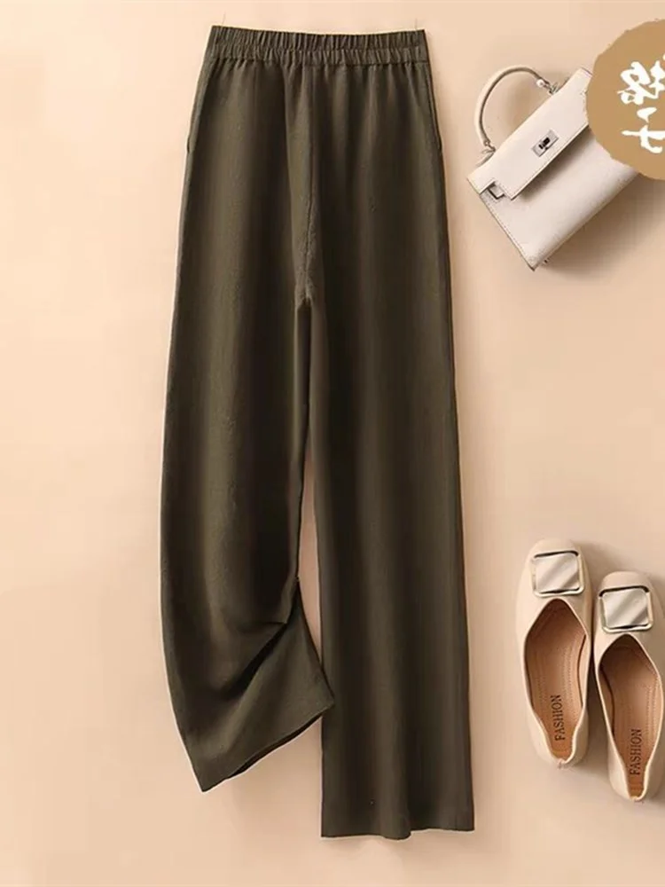 Hochgeschnittene Baumwoll-Leinen-Hose mit Weitem Bein für Damen, Lässige Gerade Hose, Sommer-Neuheit, Fließend und Hochwertig, Dreiviertel-Länge...