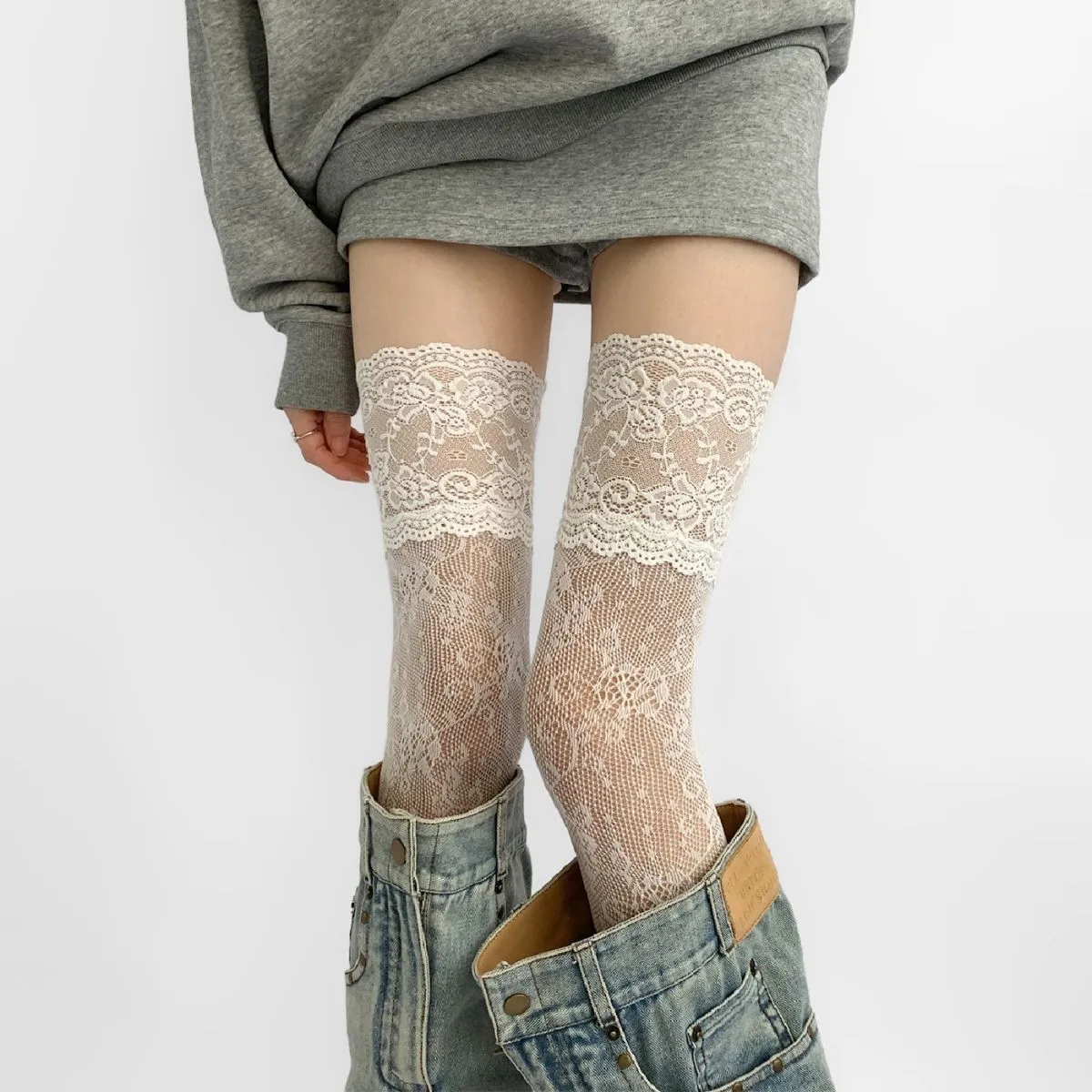 Socks Woman Autumn/Summer Solid Color Thigh High Lace Stockings Women Over The Knee Stockings Lolita Girls Long Leg Boot Socks #