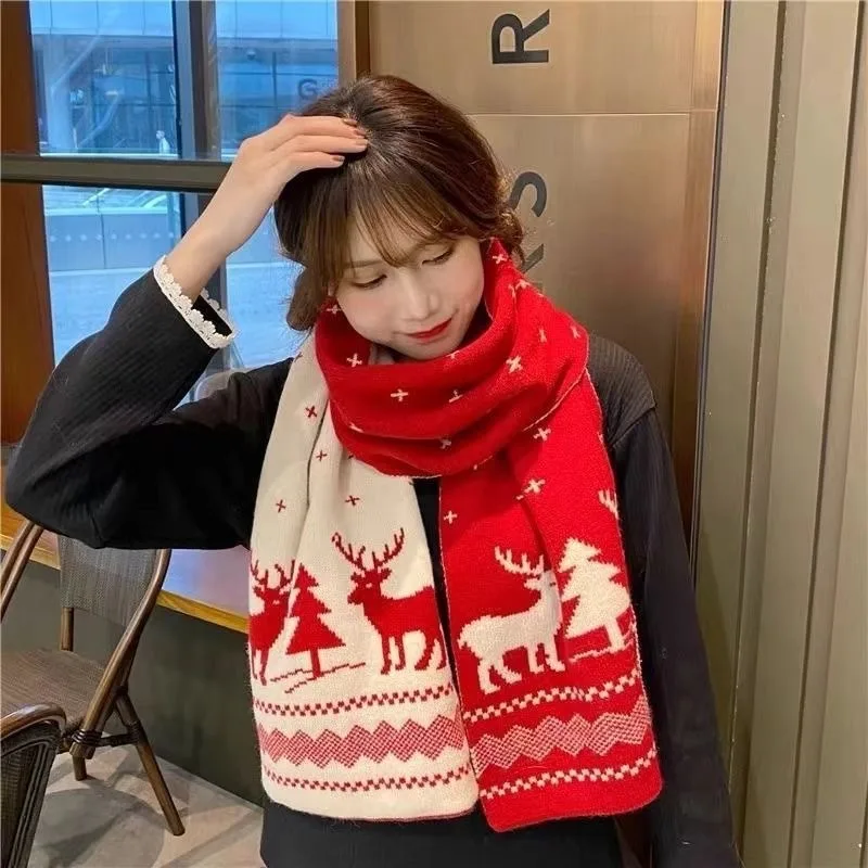 Christmas New Year Red Knit Scarf, Warm Festive Neck Wrap, Couple Student Scarf for Men Women Winter Holiday