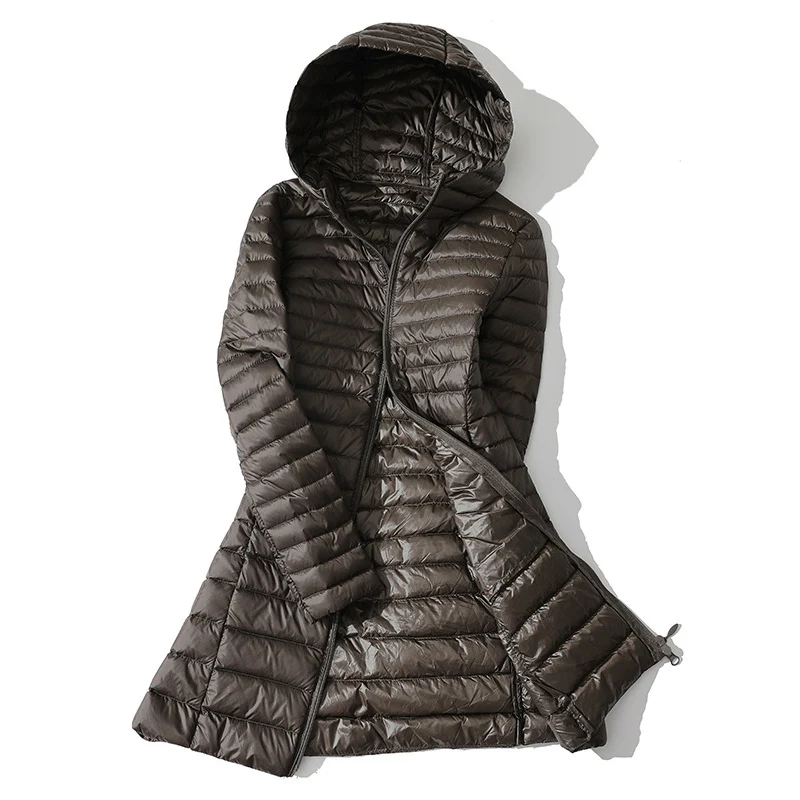 0-10 ℃   Herbst Mit Kapuze Ente Unten Jacken Frauen Winter Ultraleicht Tragbare Lange Puffy Unten Mantel Weibliche Feder Stepp Parkas 6XL