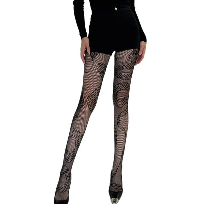 

Women Gothic Punk Pantyhose Stockings Snake Pattern Hollowed Out Mesh Tights Halloween Cosplay Parties Leggings