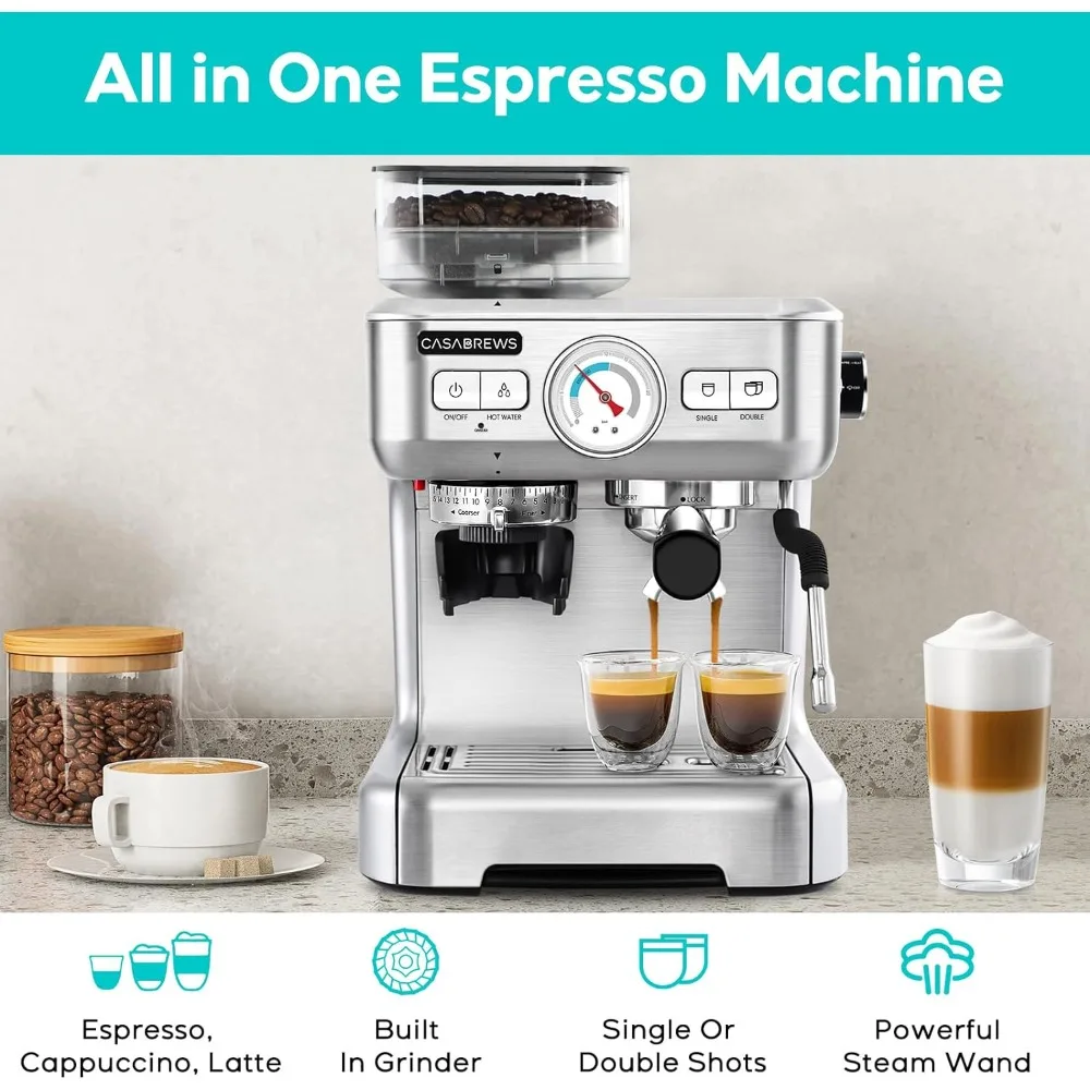 spresso Machine with Grinder, 20 Bar Semi Automatic Espresso Coffee Maker with Milk Frother for Home Barista, Professiona