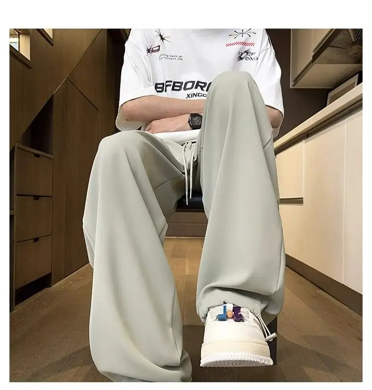 Japanese Cool Ice Silk Men Summer Thin Loose Straight Wide-leg Casual Trousers