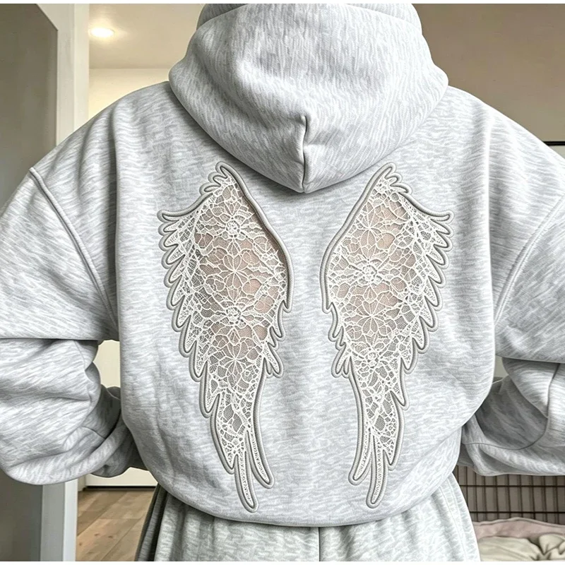 Damen-Oberteile, Oversize-Cropped-Hoodie-Pullover mit Rückenverzierung aus Spitze, Engelsflügel-Stickerei-Patch, Kapuzenpullover, Gothic-Langarmjacken – Detail 8