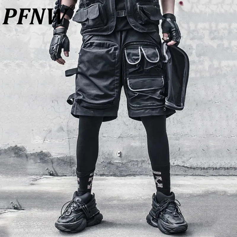 

PFNW Punk Style Male Bottom Casual Big Pockets Solid Color Shorts Straight Wide Leg Male Trousers New Summer Stylish 12C230