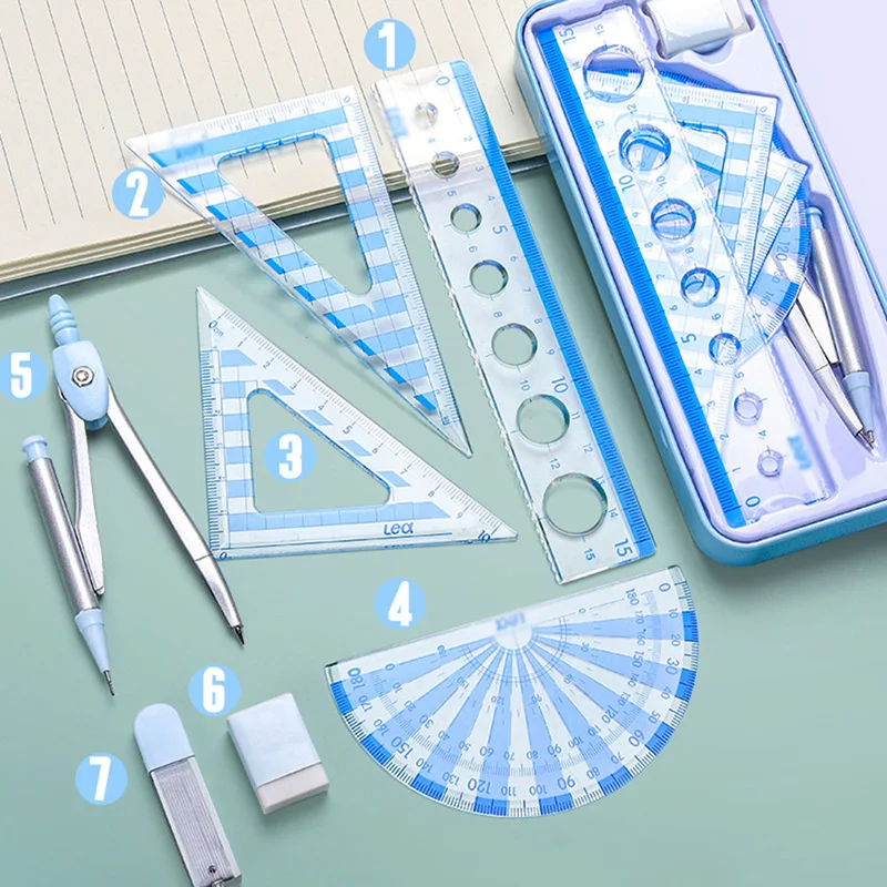 7Pcs/Set Ruler Compass with Metal Box Geometry Maths Drawing Compass Stationery Rulers Mathematical Compass for School