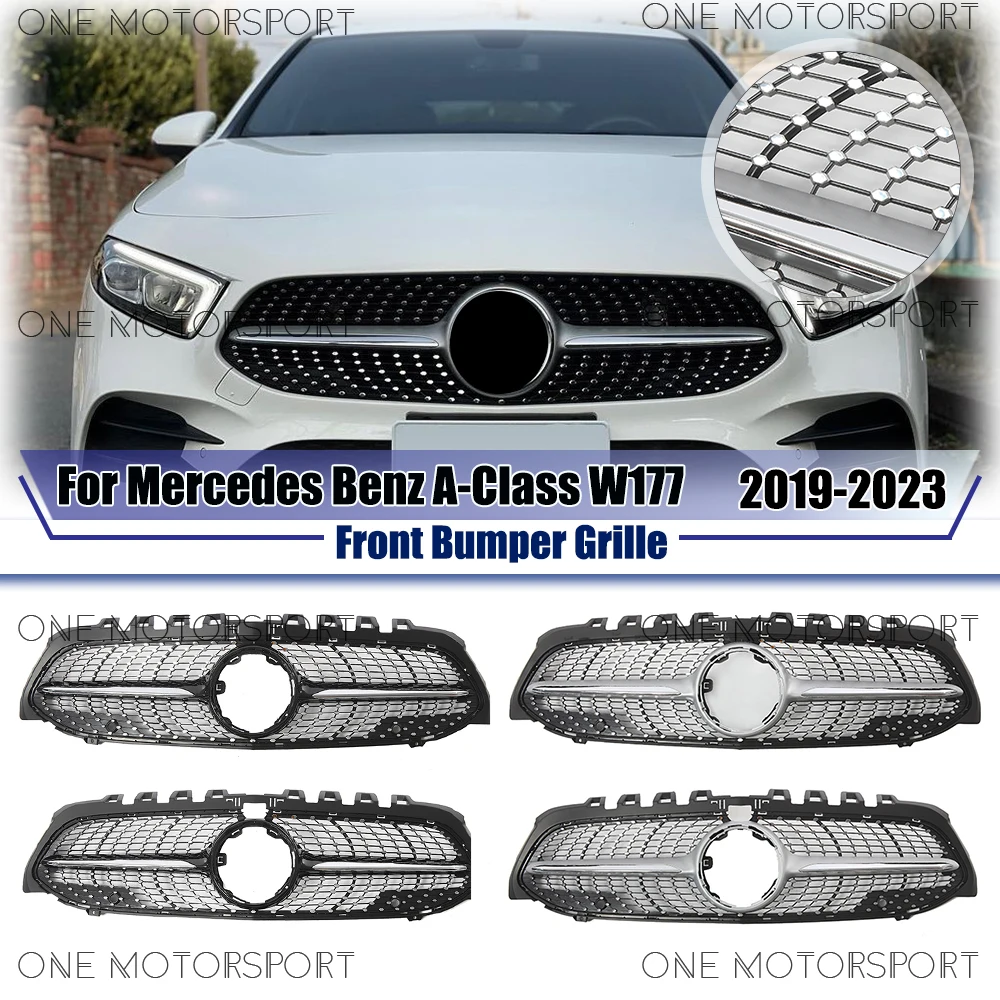 

Серебристая верхняя решетка радиатора для Mercedes-Benz A-Class W177 2019-2023 A200 A220 A250 A35, глянцевая черная, в стиле Racing Bumper Grille Diamonds