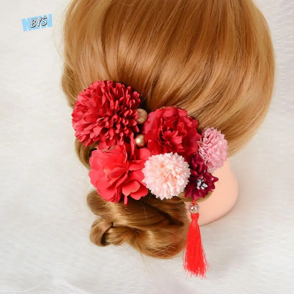 

Japanese Style Flower Hair Forks Handmade Flower Japanese Kimono Hair Clips Cloth Vintage Tassels Hair Stick Yukata Festival