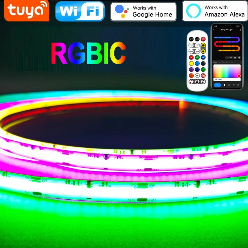 

Светодиодная лента Dreamcolor COB, 24 В постоянного тока, адресная светодиодная лента RGBIC, клейкая лента, RGB-лента, пульт дистанционного управления/Bluetooth/Tuya Wi-Fi Control