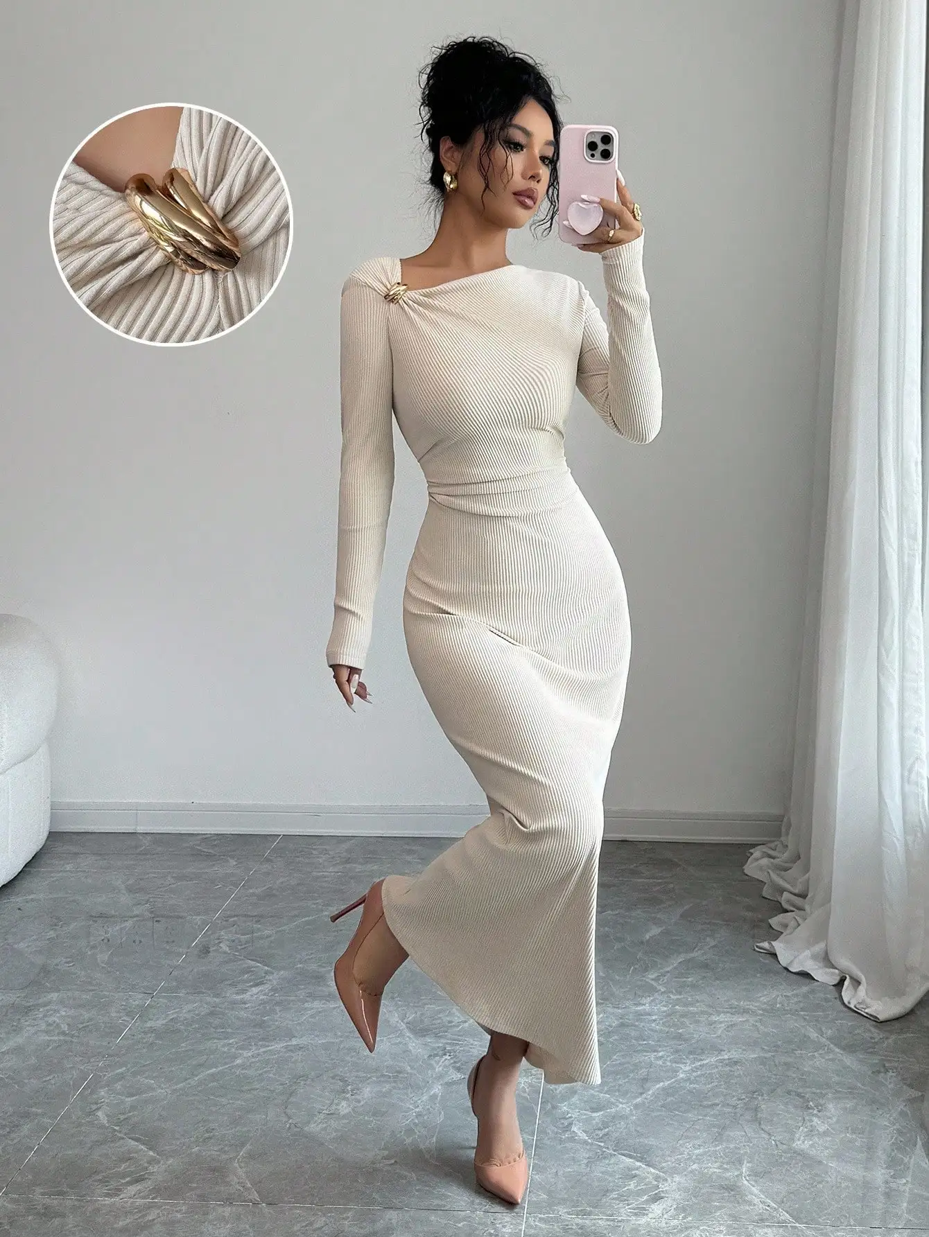

Cream Ribbed Long Sleeve Asymmetrical Neck Ruched Midi Dress