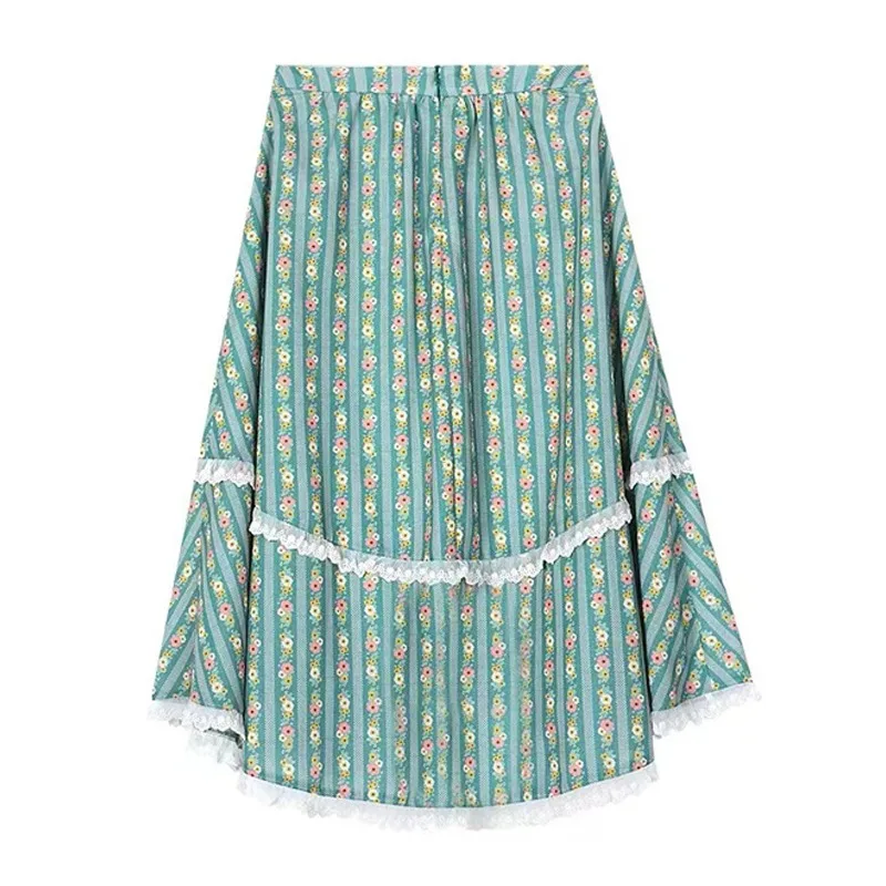 

Retro Women Skirts High Waisted Korean Fashion French Floral Printed A-line Patchwork Midi Skirt Summer Trendy Female Clothes