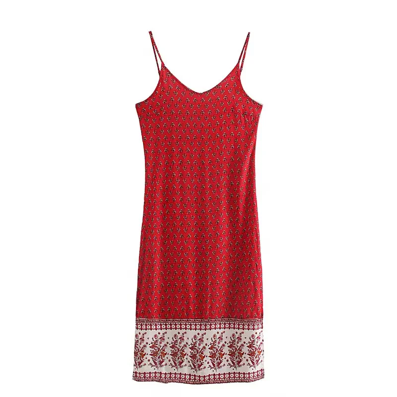 BOHO V neck Paisley Floral print Sling Dress Summer Holiday Woman Side Slit Spaghetti Strap Midi Long Dresses Beach Robe Vestido