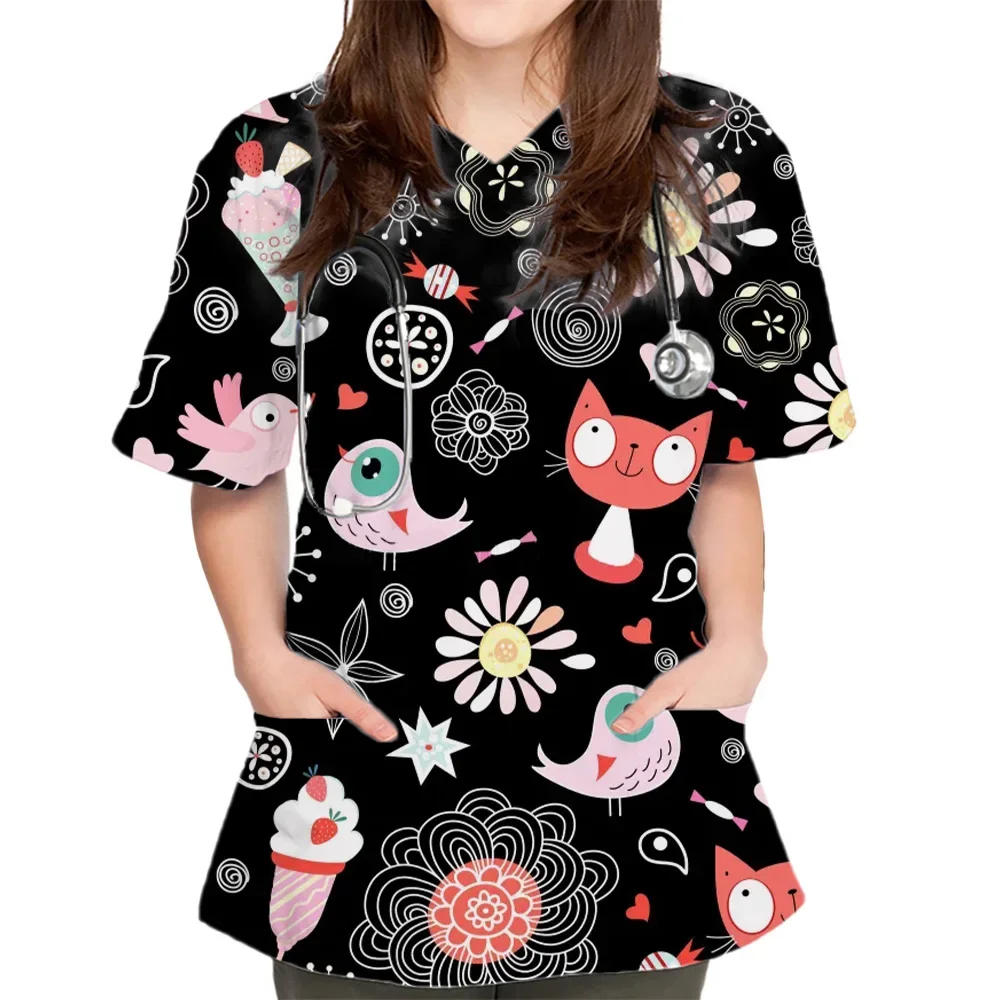 

Women Scrub Tops With V-Neck Cat Prints Cartoon Scrub Uniforms Thin Nurse Scrub Top For Women Short Sleeve Tees Healthcare Tunic