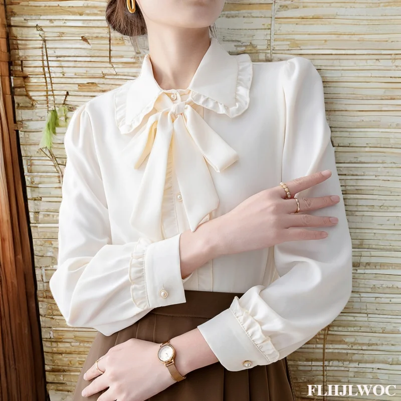 Female Tops Blouses Hot Sales 2024 Cute Sweet Girls Preppy Style Solid Lace-Up Bow Tie Formal Work Office Lady Basic Shirts