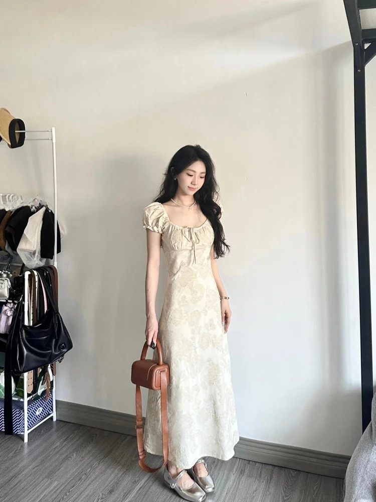 Ele Gentle Sle col carré Dr femmes a-ligne jupe longue minceur taille conception trajet printemps été ort Sve