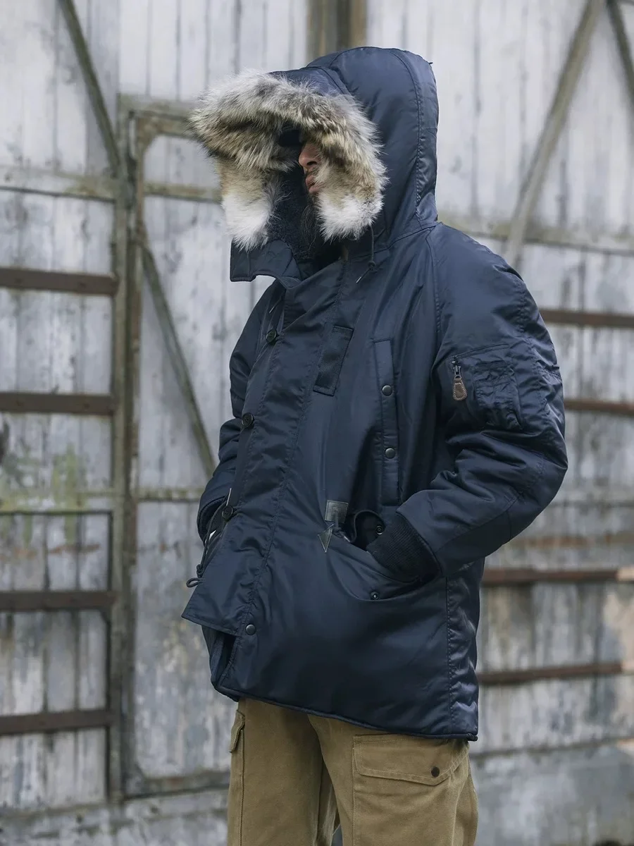 Rugged Bronson Type N-3A Snorkel Parka Winter Men's Real Fur Collar Long Bomber Jacket Blue N3B