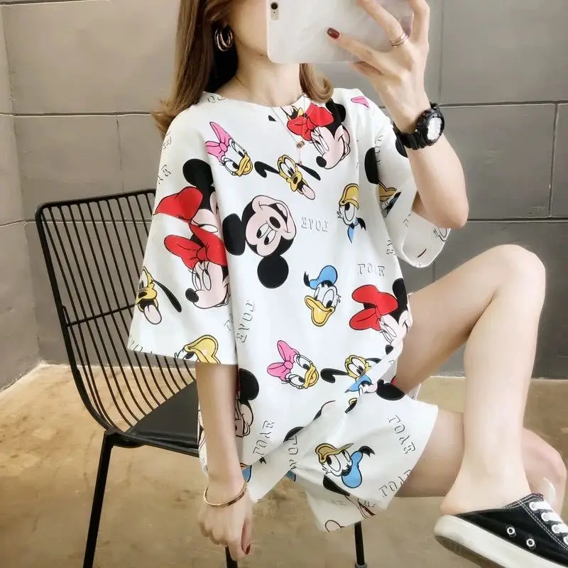 Pajamas Women's Summer Mickey Minnie Cartoon Loose Pajamas Suit Student Short-sleeved Shorts Korean Version Home Clothes Suit