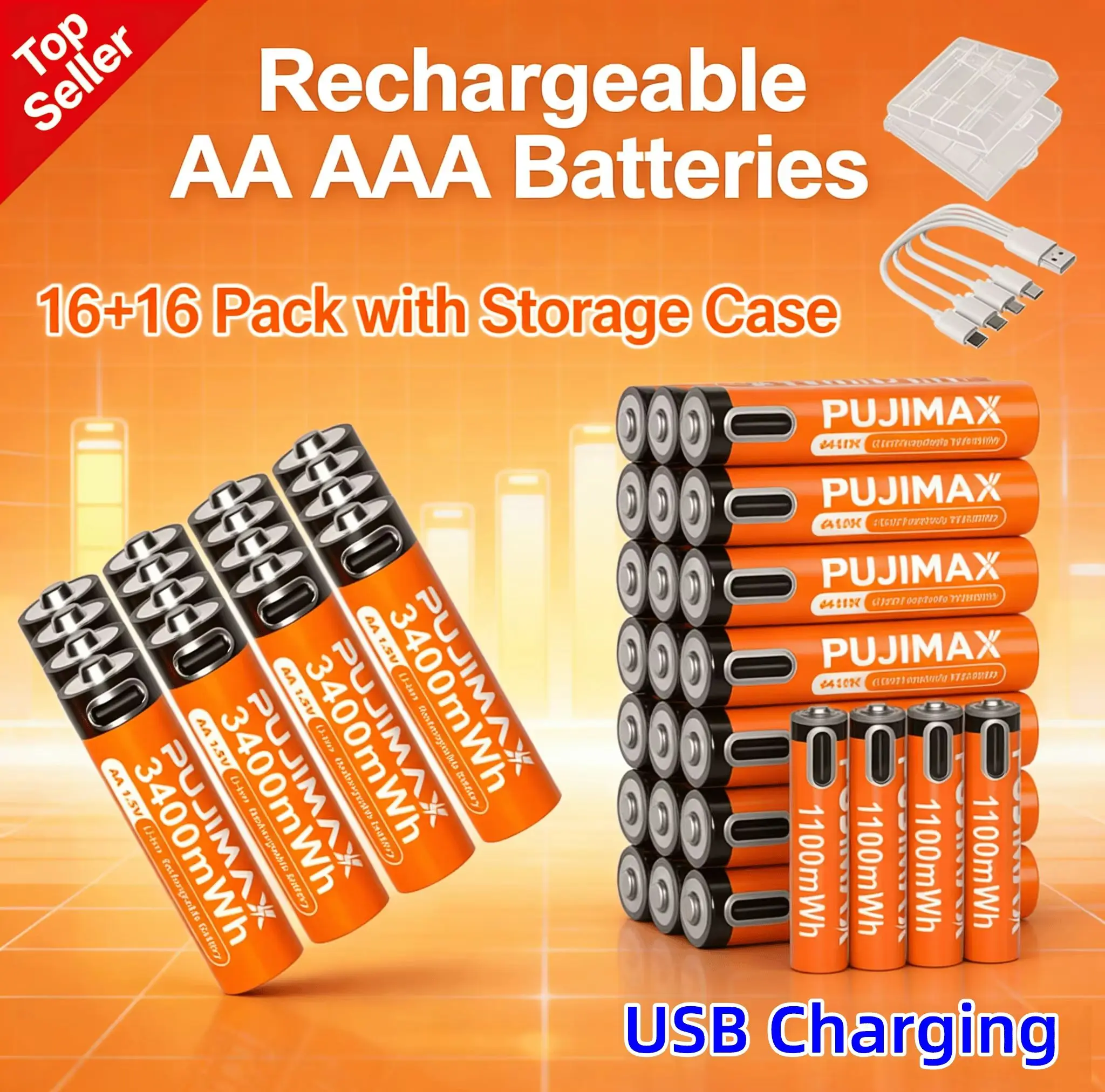 NEW 1.5V AA AAA Rechargeable Lithium Battery 3400mWh 1100mWh, Type-C Charging 1500 Cycles for Alarm Clock, Remote, Toys