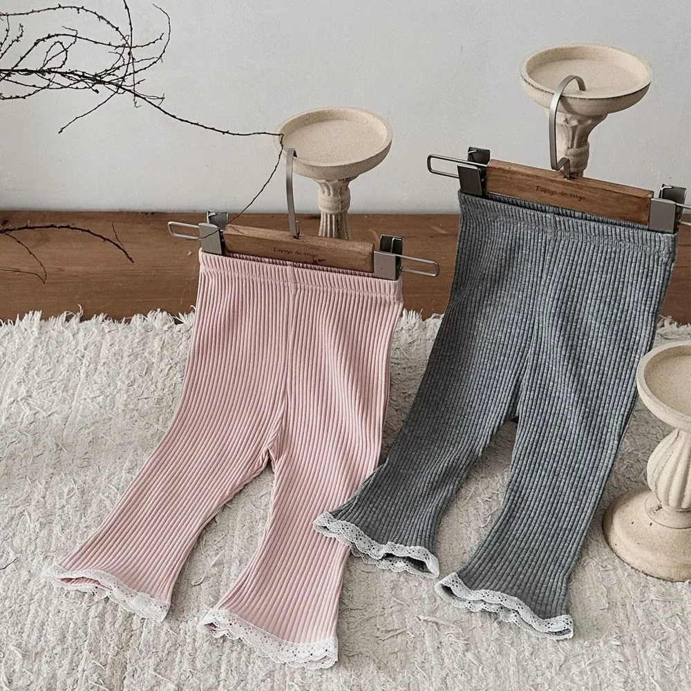 INS Style Baby Girl Ribbed Cotton Trousers Solid Color Newborn Clothes Lace Boot Cut Pants Infant Girls Leggings 0-24 Months