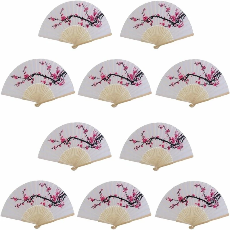 10 Pcs Delicate Cherry Blossom Design Silk Folding Hand Fan Wedding Favors Gifts Japanese Party