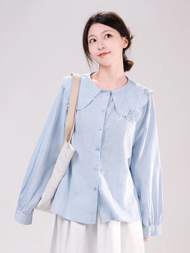 

Elegant Blue Long Sleeve Embroidered Floral Shirt Women's Sweet Style Cotton Button up Casual Shirt Spring 2026 Artisanal
