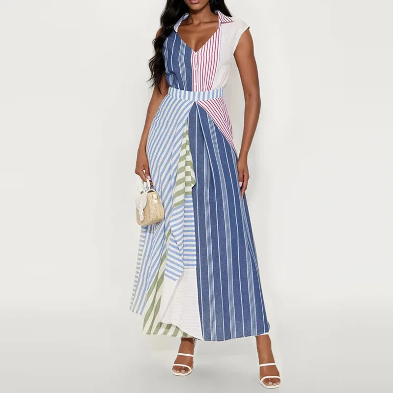 Elegant Sleeveless Slim Pleated Long Dress Summer Chic New V-neck Dresses Fashion Contrast Color Irregular Stripe Printed Dress