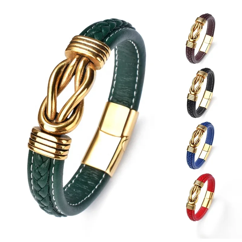 

F496 Fashion Hot Men's Hip Hop Braided Bowknot Titanium Steel Punk Magnet Buckle Wrap Leather Bracelet For Men