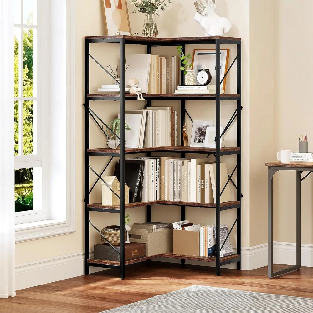 Living Room Book Shelf Industrial Corner Shelf 5 Tier Bookcase Home Office Large Display Rack Storage for Bedroom Rustic Brown