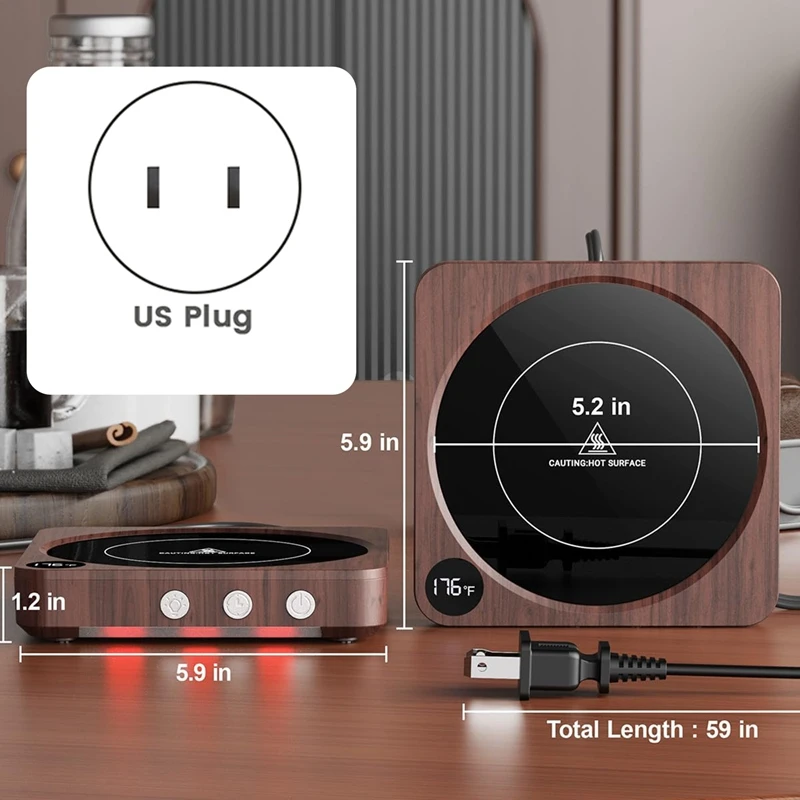 Mug Warmer- 36W Coffee Mug Warmer For Desk With Temperature Display, 2-12Hrs Auto Shut Off, Candle Warmer Wood