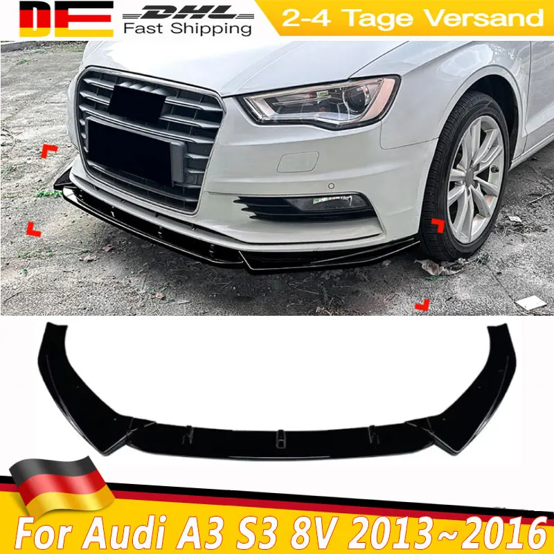 Glänzend schwarzer Frontspoilerlippen-Splitter für Audi A3 S3 8V 2013~2016 TDI TFSI Limousine Frontstoßstangenlippe Spoilerlippe Schutz Bodykits